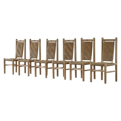 Mid-Century French Elm Naturalist Woven Highback Chairs by Charlotte Perriand, 1960s, Set of 6-MXF-1452512