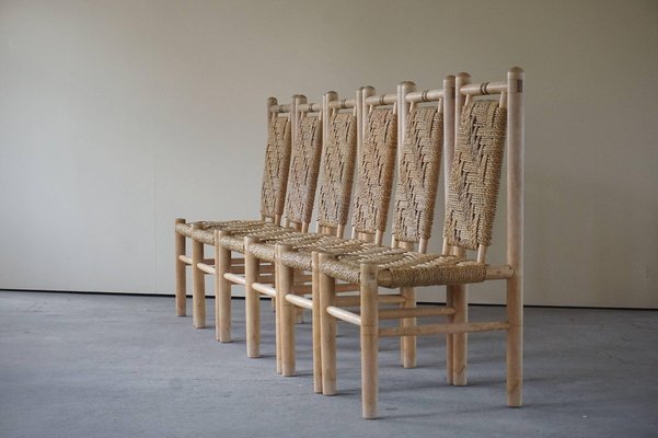 Mid-Century French Elm Naturalist Woven Highback Chairs by Charlotte Perriand, 1960s, Set of 6-MXF-1452512