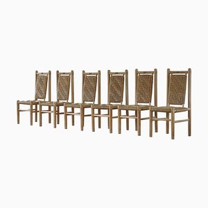 Mid-Century French Elm Naturalist Woven Highback Chairs by Charlotte Perriand, 1960s, Set of 6-MXF-1452512