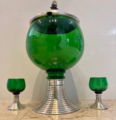 Mid-Century French Green Glass Punch Bowl with Top & Cups or Glasses, 1950s, Set of 3-NOU-800832