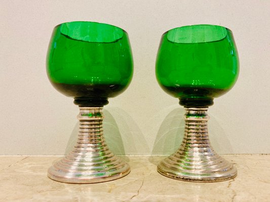 Mid-Century French Green Glass Punch Bowl with Top & Cups or Glasses, 1950s, Set of 3-NOU-800832