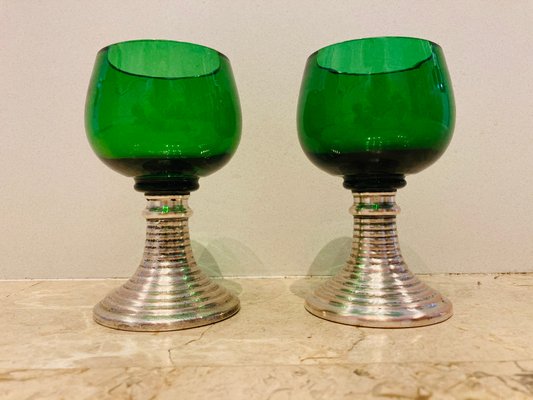 Mid-Century French Green Glass Punch Bowl with Top & Cups or Glasses, 1950s, Set of 3-NOU-800832