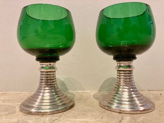 Mid-Century French Green Glass Punch Bowl with Top & Cups or Glasses, 1950s, Set of 3-NOU-800832