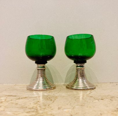 Mid-Century French Green Glass Punch Bowl with Top & Cups or Glasses, 1950s, Set of 3-NOU-800832