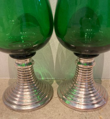 Mid-Century French Green Glass Punch Bowl with Top & Cups or Glasses, 1950s, Set of 3-NOU-800832