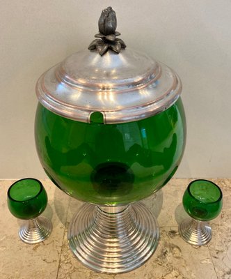 Mid-Century French Green Glass Punch Bowl with Top & Cups or Glasses, 1950s, Set of 3-NOU-800832