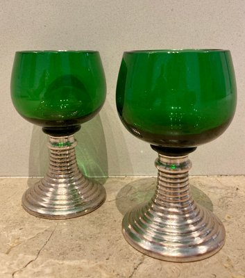 Mid-Century French Green Glass Punch Bowl with Top & Cups or Glasses, 1950s, Set of 3-NOU-800832