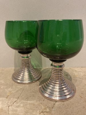 Mid-Century French Green Glass Punch Bowl with Top & Cups or Glasses, 1950s, Set of 3-NOU-800832