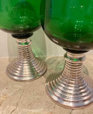 Mid-Century French Green Glass Punch Bowl with Top & Cups or Glasses, 1950s, Set of 3-NOU-800832