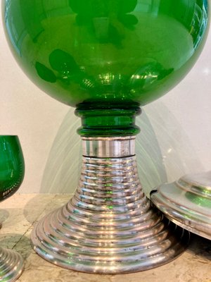 Mid-Century French Green Glass Punch Bowl with Top & Cups or Glasses, 1950s, Set of 3-NOU-800832