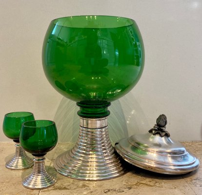 Mid-Century French Green Glass Punch Bowl with Top & Cups or Glasses, 1950s, Set of 3-NOU-800832