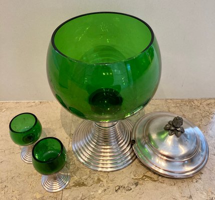 Mid-Century French Green Glass Punch Bowl with Top & Cups or Glasses, 1950s, Set of 3-NOU-800832