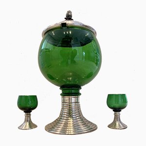 Mid-Century French Green Glass Punch Bowl with Top & Cups or Glasses, 1950s, Set of 3-NOU-800832