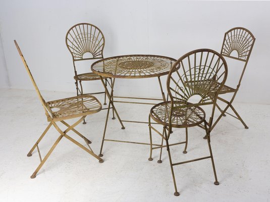 Mid-Century French Iron Chairs and Table, Set of 4-RIU-1355375