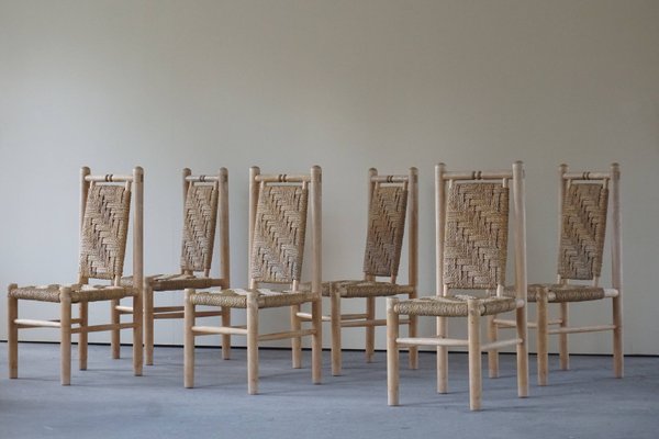 Mid-Century French Naturalist Woven Chairs in Solid Elm by Pierre Chapo, 1960s, Set of 6-MXF-950920