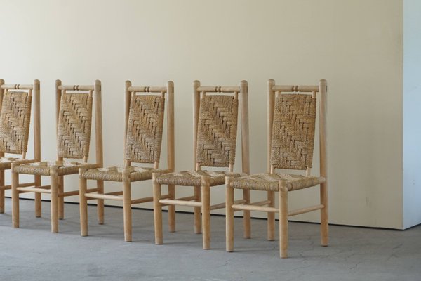 Mid-Century French Naturalist Woven Chairs in Solid Elm by Pierre Chapo, 1960s, Set of 6-MXF-950920