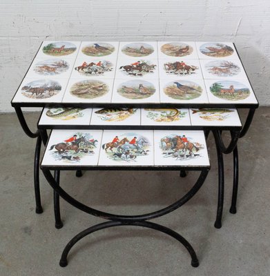 Mid-Century French Nesting Tables with Hunting Sceneries & Fishes Tile Top, Set of 3-RIU-901300