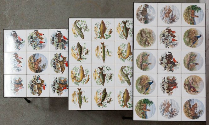 Mid-Century French Nesting Tables with Hunting Sceneries & Fishes Tile Top, Set of 3-RIU-901300