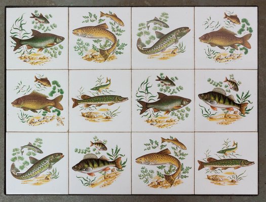 Mid-Century French Nesting Tables with Hunting Sceneries & Fishes Tile Top, Set of 3-RIU-901300