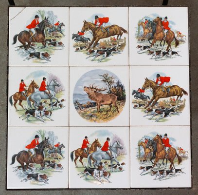 Mid-Century French Nesting Tables with Hunting Sceneries & Fishes Tile Top, Set of 3-RIU-901300