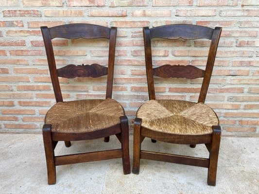 Mid-Century French Oak and Rush Chairs with Natural Fibers Seats, Set of 2-NOU-1141764