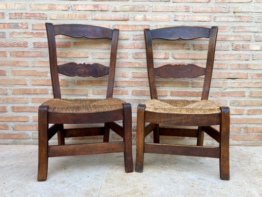 Mid-Century French Oak and Rush Chairs with Natural Fibers Seats, Set of 2-NOU-1141764