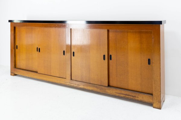 Mid-Century French Oak Buffet Enfilade Sideboard Credenza with Four Sliding Doors-RIU-1195634