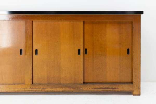 Mid-Century French Oak Buffet Enfilade Sideboard Credenza with Four Sliding Doors-RIU-1195634