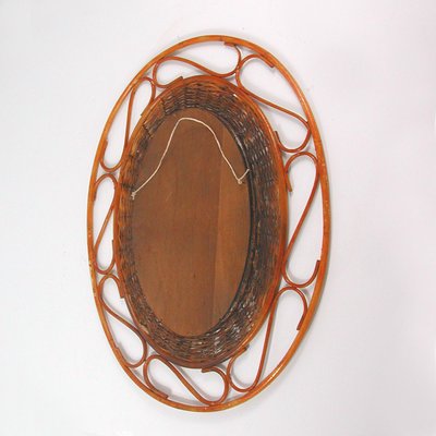 Mid-Century French Oval Rattan and Wicker Wall Mirror, 1950s-OE-897797