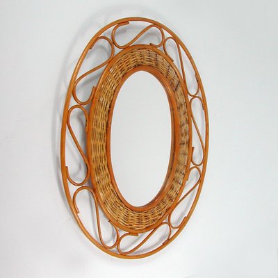 Mid-Century French Oval Rattan and Wicker Wall Mirror, 1950s-OE-897797