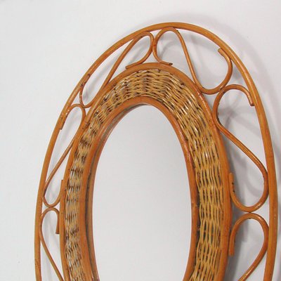 Mid-Century French Oval Rattan and Wicker Wall Mirror, 1950s-OE-897797