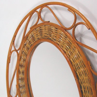 Mid-Century French Oval Rattan and Wicker Wall Mirror, 1950s-OE-897797