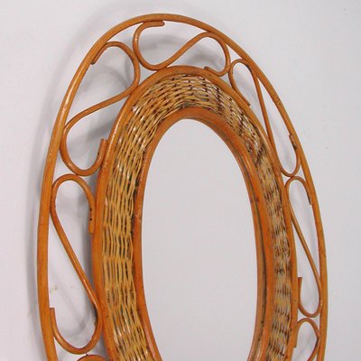 Mid-Century French Oval Rattan and Wicker Wall Mirror, 1950s-OE-897797