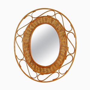 Mid-Century French Oval Rattan and Wicker Wall Mirror, 1950s-OE-897797