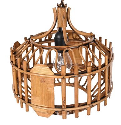 Mid-Century French Riviera Style Bambo & Rattan Rounded Pendant Lamp, 1960s-JDR-1393027