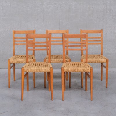 Mid-Century French Rope Dining Chairs attibuted to Audoux-Minet, Set of 5-JRP-1349599