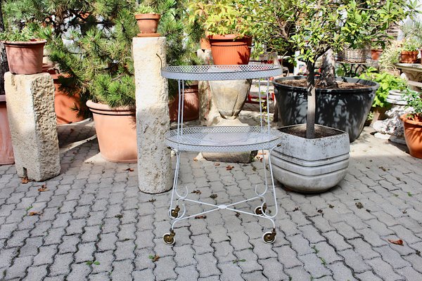 Mid-Century French White Perforated Metal Bar Cart, 1950s-NB-582375