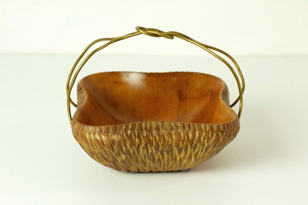 Mid-Century Fruit Basket in Maple and Brass, Italy-FO-1252014