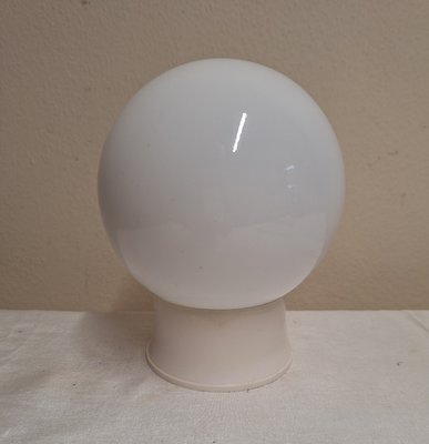 Mid-Century German Ceiling Lamp with Cream-White Plastic Mount and White Spherical Glass Shade, 1950s-HOI-2040251