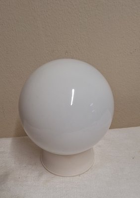 Mid-Century German Ceiling Lamp with Cream-White Plastic Mount and White Spherical Glass Shade, 1950s-HOI-2040251