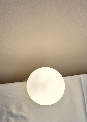 Mid-Century German Ceiling Lamp with Cream-White Plastic Mount and White Spherical Glass Shade, 1950s-HOI-2040251