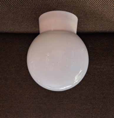 Mid-Century German Flat Ceiling Lamp with Cream White Plastic Base and Opaque White Spherical Shade by Robert Zimmermann, 1960s-HOI-2033674