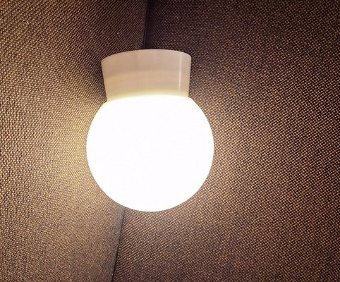 Mid-Century German Flat Ceiling Lamp with Cream White Plastic Base and Opaque White Spherical Shade by Robert Zimmermann, 1960s-HOI-2033674