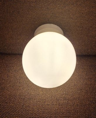 Mid-Century German Flat Ceiling Lamp with Cream White Plastic Base and Opaque White Spherical Shade by Robert Zimmermann, 1960s-HOI-2033674