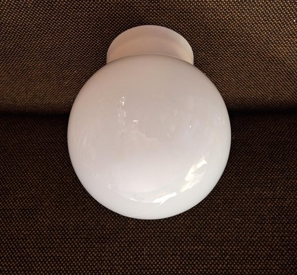 Mid-Century German Flat Ceiling Lamp with Cream White Plastic Base and Opaque White Spherical Shade by Robert Zimmermann, 1960s-HOI-2033674