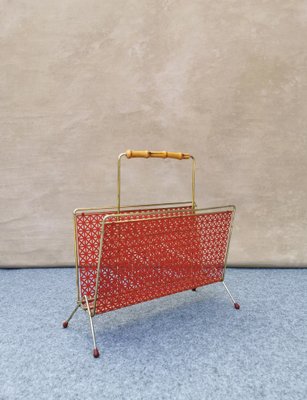 Mid-Century German Gold & Red Magazine Rack, 1950s-FW-1294968