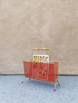 Mid-Century German Gold & Red Magazine Rack, 1950s-FW-1294968