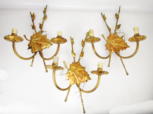 Mid-Century Gilded Iron Sconces, 1950s, Set of 3-ZVO-555209