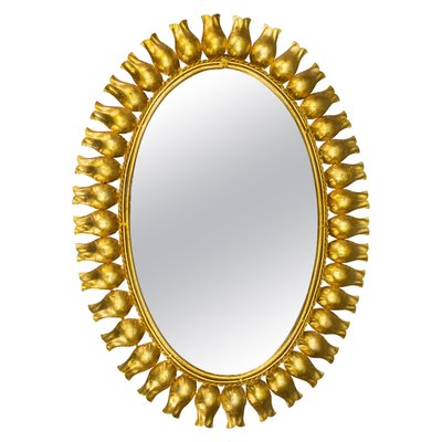 Mid-Century Gilt Metal Oval Sunburst Wall Mirror, 1950s-KEG-1754138