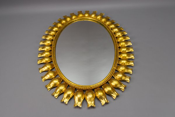 Mid-Century Gilt Metal Oval Sunburst Wall Mirror, 1950s-KEG-1754138